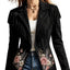 Black women's jacket with floral details and fringe along the shoulders and hem