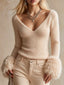 Apricot v-neck tasselled cuff knit sweater for women