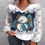 White snowman print Christmas blouse – lace sleeves, V neck for women