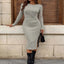 Ribbed knit twist front midi dress in gray with long sleeves and a side slit, perfect for stylish cooler weather.
