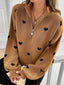 Women's Heart Pattern Knit Zip Sweater-Splashis, Caramel