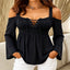 Black cold shoulder peplum top – lace-up, flared sleeves for women