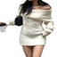 Cream off-shoulder cable-knit mini sweater dress with a folded neckline
