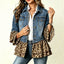 Women's blue denim-look patchwork jacket with leopard-print cuffs and flared hem