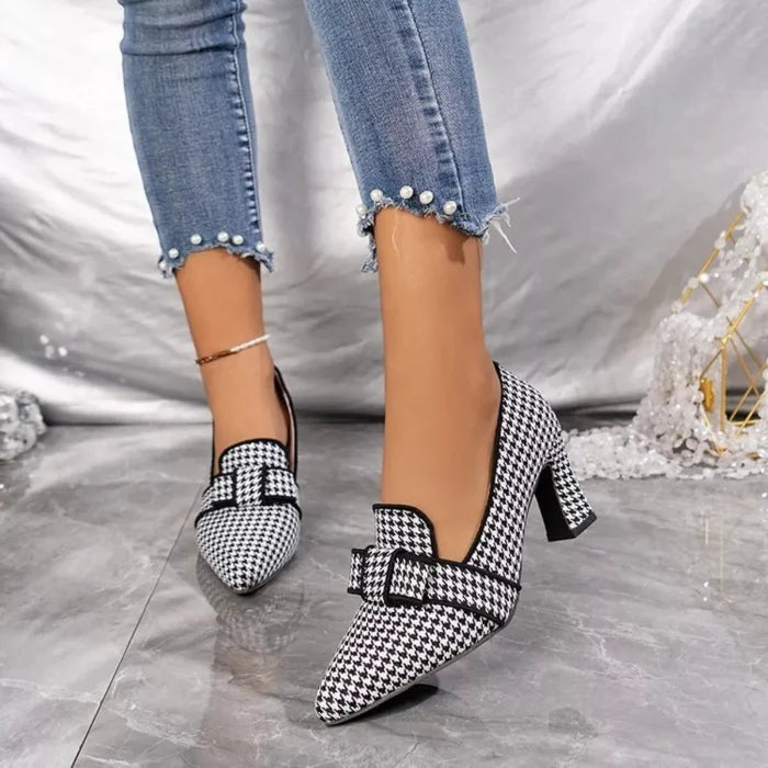 Point toe block heel pumps