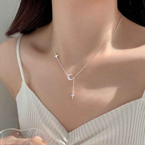 Star and moon pendant necklace in silver-plated alloy — primary view