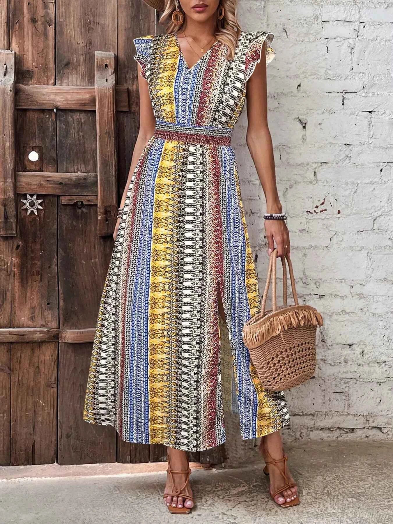 Boho Print Ruffle Sleeve Slit Dress-Casual Dresses-Splashis-Splashis