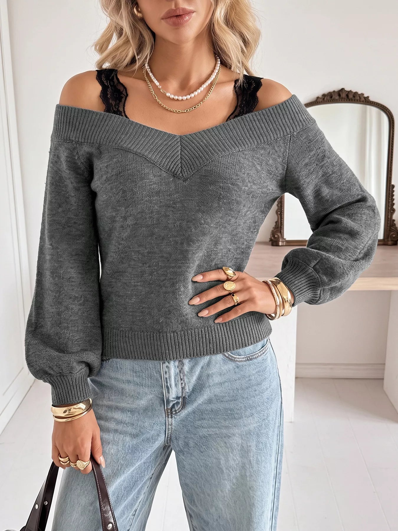 Off-Shoulder Lace Trim Sweater view 4
