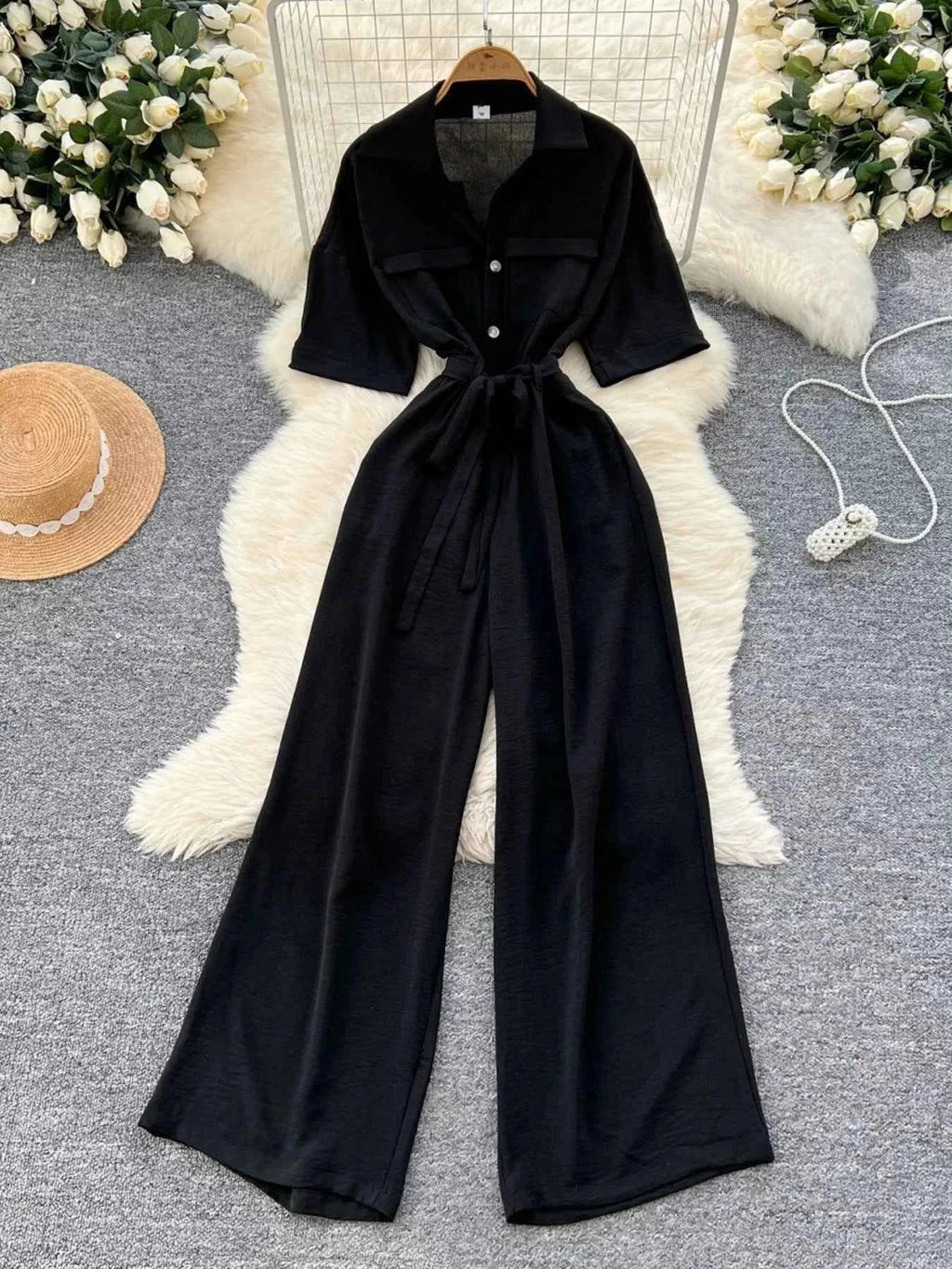 Belted tie waist wide leg jumpsuit — additional view 5