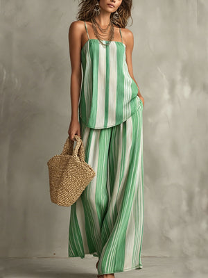 Green striped strap wide-leg pants two-piece set for women
