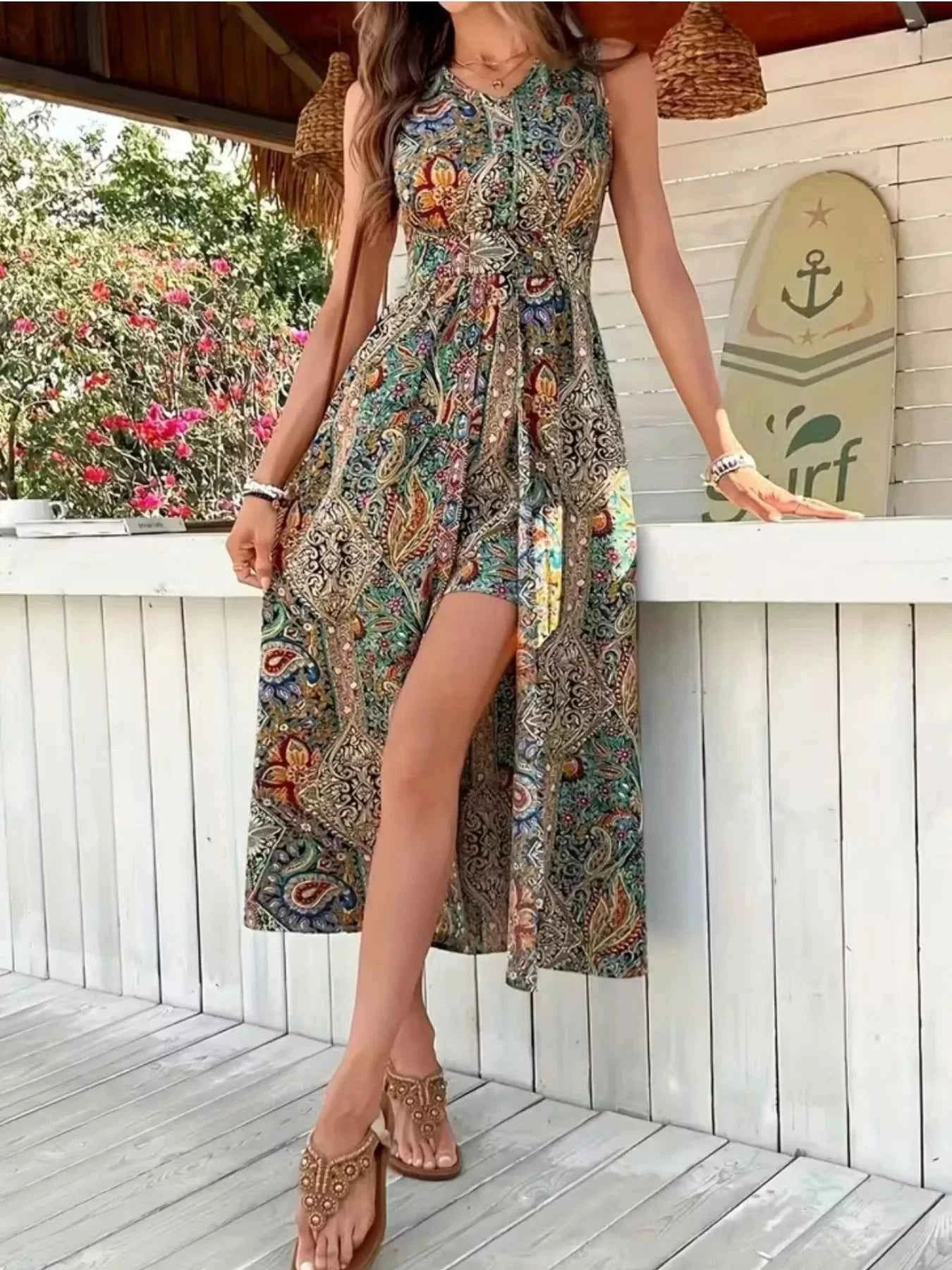 Zipper Closure Paisley Romper Sleeveless-Romper-Splashis-Splashis