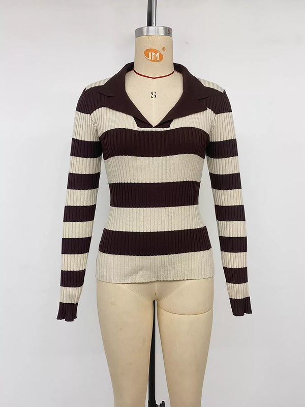 Striped Ribbed Knit Long Sleeve Sweater view 10