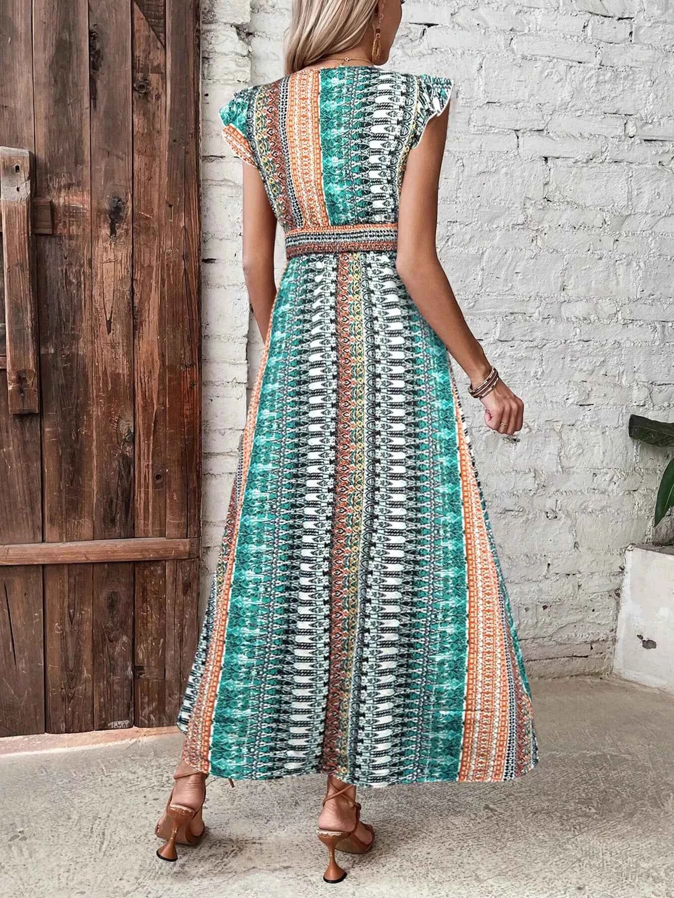 Boho Print Ruffle Sleeve Slit Dress-Casual Dresses-Splashis-Splashis