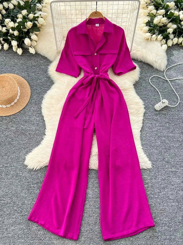 Belted Tie Waist Wide Leg Jumpsuit-Jumpsuit-Splashis-Color:Rose Red-Size:One Size-Splashis