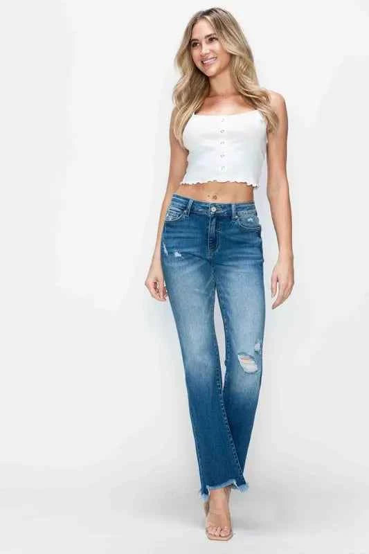 Raw hem distressed mid-rise straight jeans — additional view 2