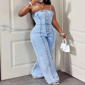 Blue button-down wide leg denim jumpsuit for women