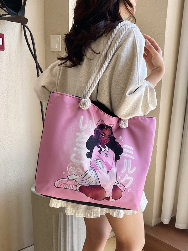 Canvas tote bag shown carried on shoulder