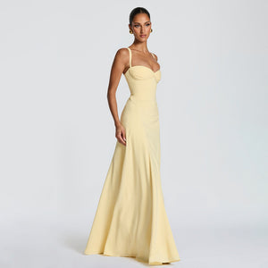 Yellow pleated off-shoulder evening gown for women
