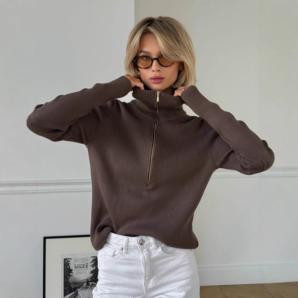 Brown half-zip cotton pullover sweater for women