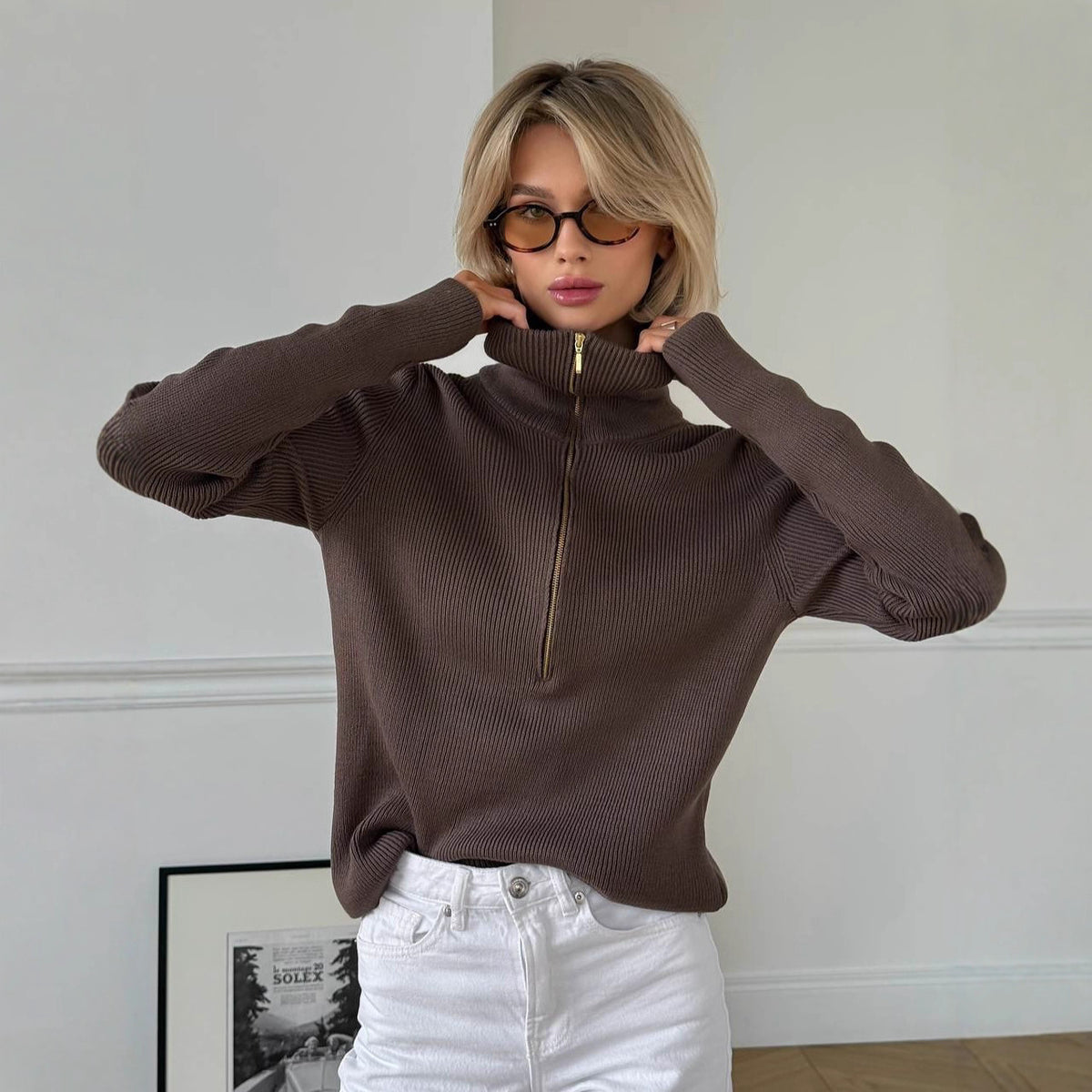 Brown half-zip cotton pullover sweater for women
