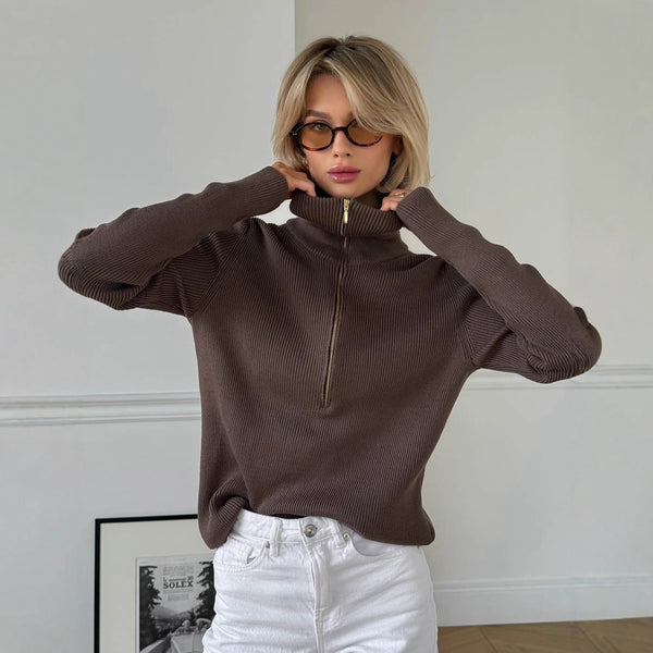 Brown half-zip cotton pullover sweater for women