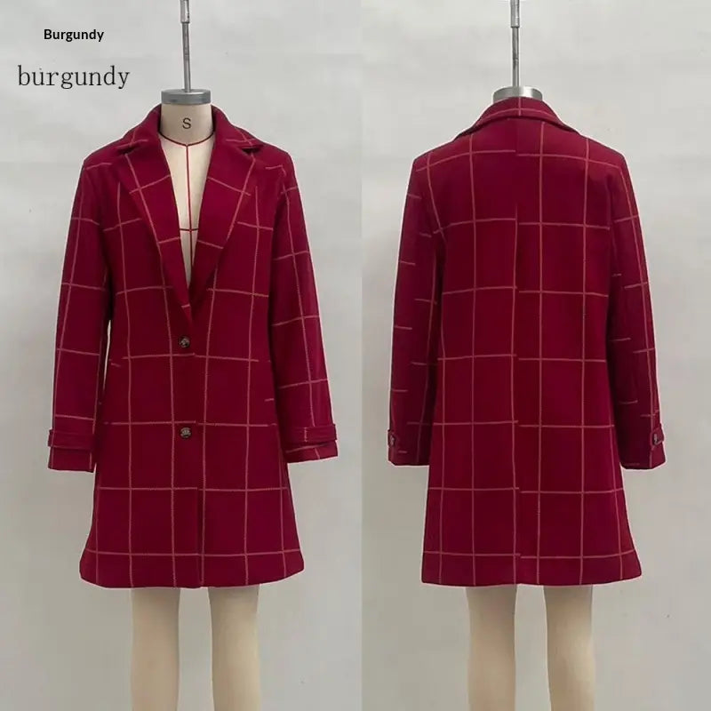 Burgundy windowpane-check coat, front and back views on mannequins