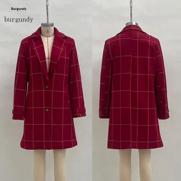 Burgundy windowpane-check coat, front and back views on mannequins
