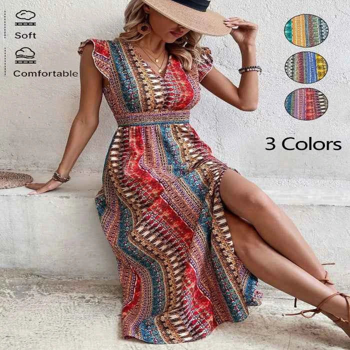 Boho print ruffle sleeve slit dress — primary view