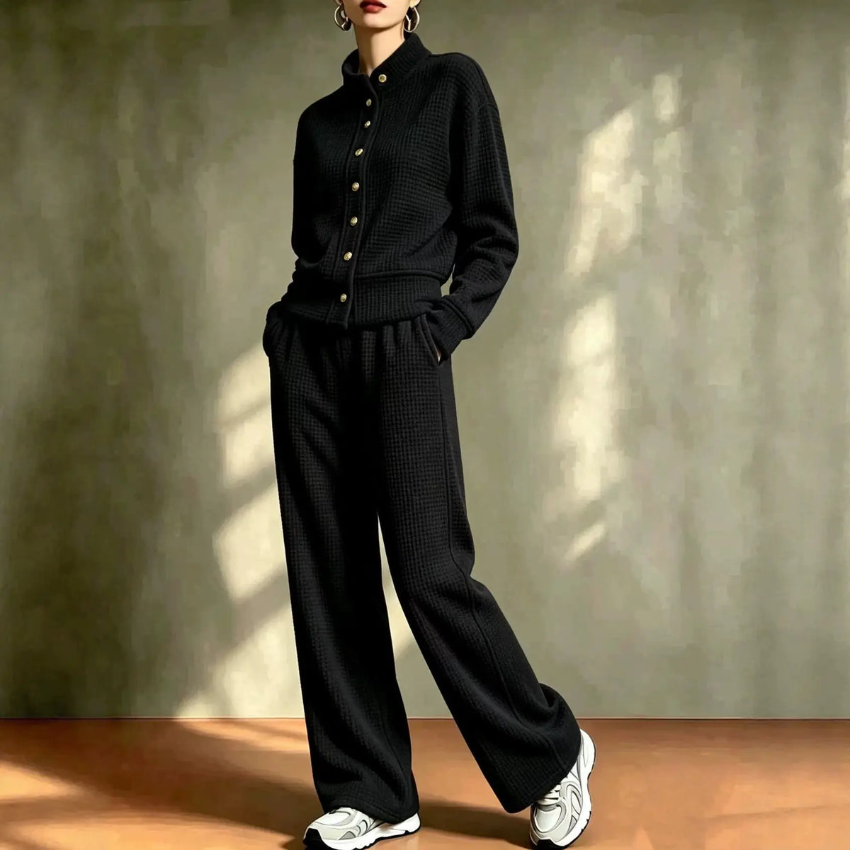 Women's waffle knit cardigan and wide-leg pants set