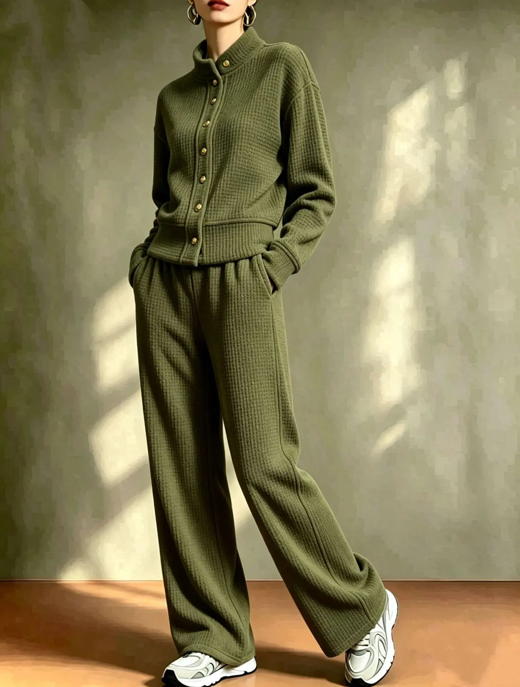 Army green women's waffle knit cardigan and pants set