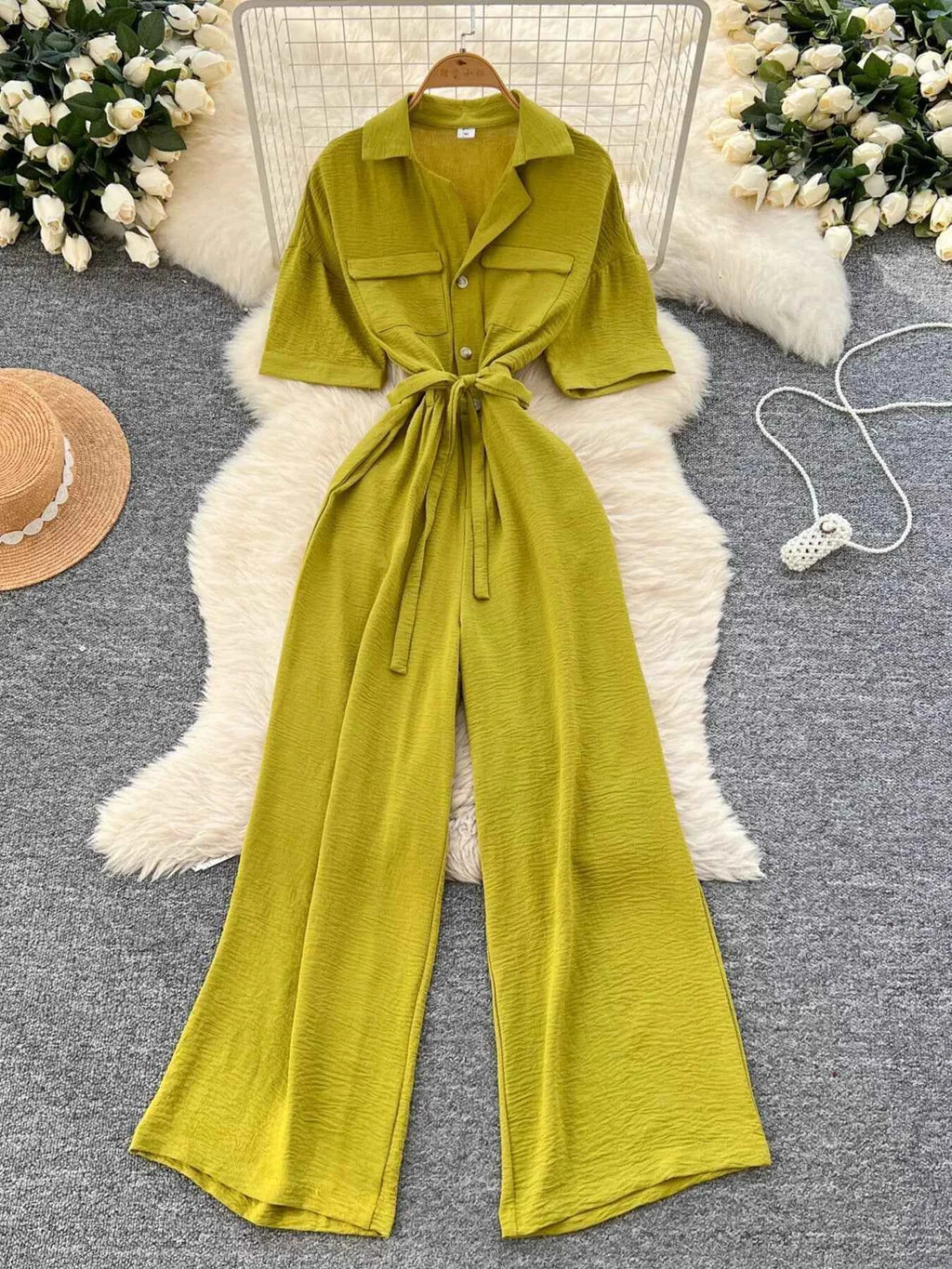 Belted Tie Waist Wide Leg Jumpsuit-Jumpsuit-Splashis-Splashis