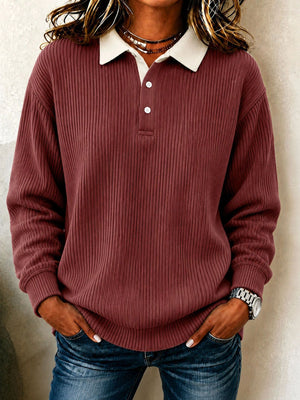 Brick Red turn-down collar ribbed texture top for women