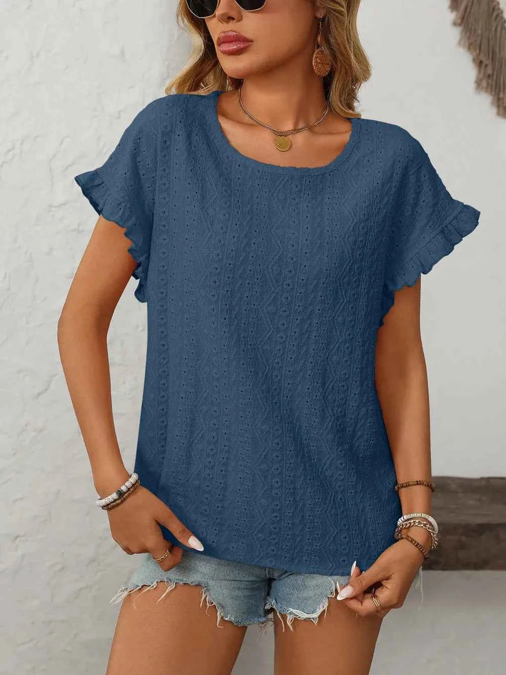 Feminine Eyelet Short Sleeve Top-T-shirt-Splashis-Splashis