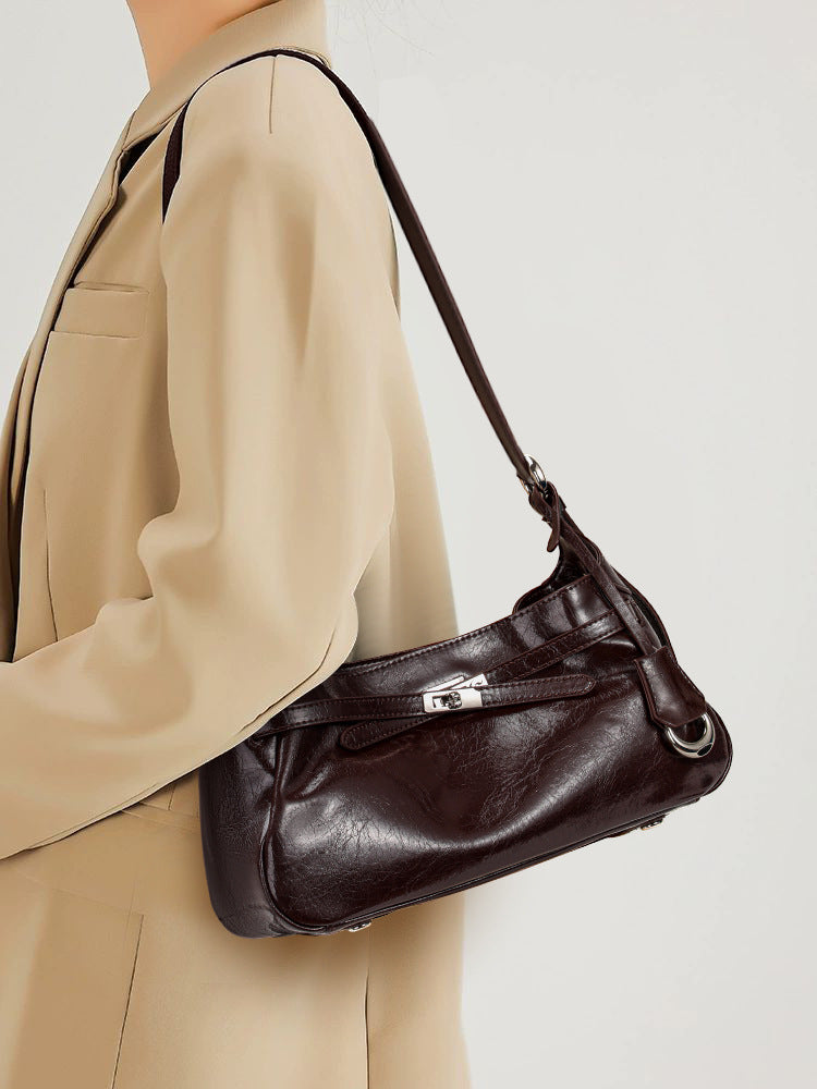 Genuine Leather Lock Crossbody Bag for Women, angled product view