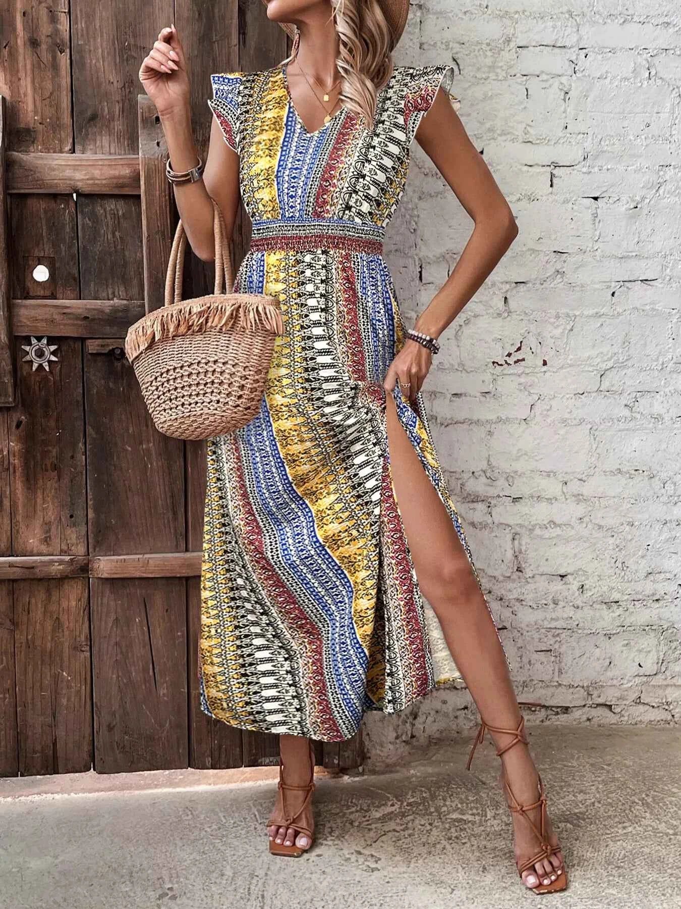 Boho Print Ruffle Sleeve Slit Dress-Casual Dresses-Splashis-Splashis