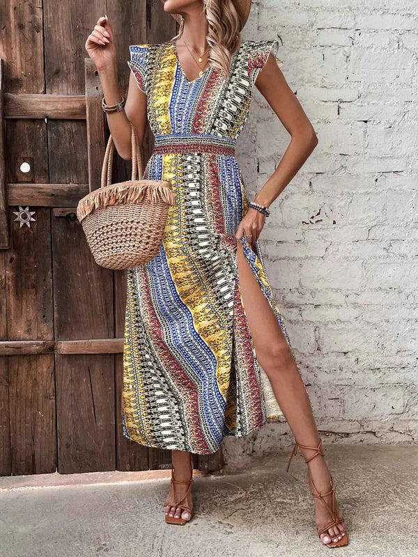 Boho Print Ruffle Sleeve Slit Dress-Casual Dresses-Splashis-Splashis