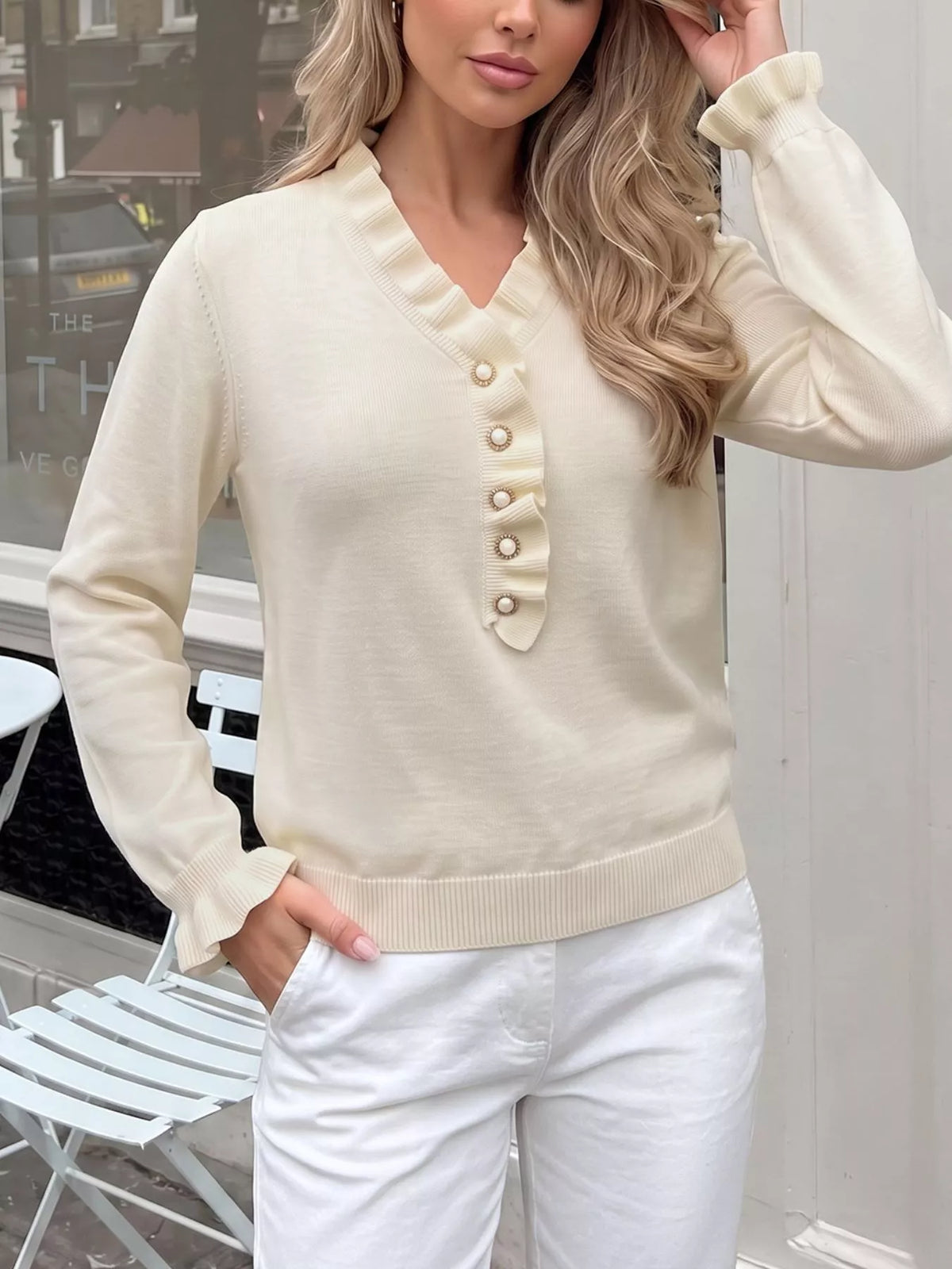Ruffle Trim Pearl Button V-Neck Knit Top, alternate product view