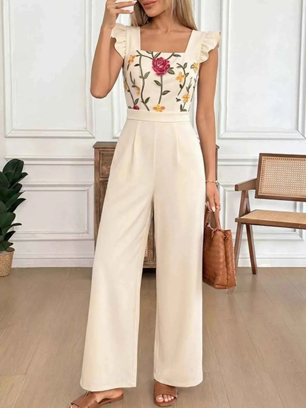 Floral embroidered jumpsuit with ruffles — additional view 4