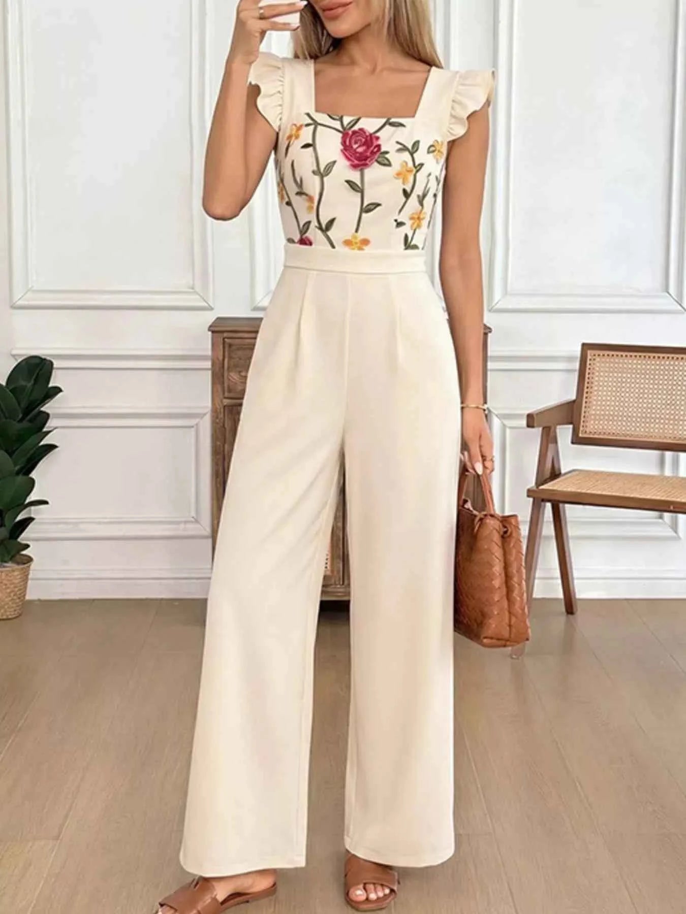 Floral embroidered jumpsuit with ruffles — additional view 4