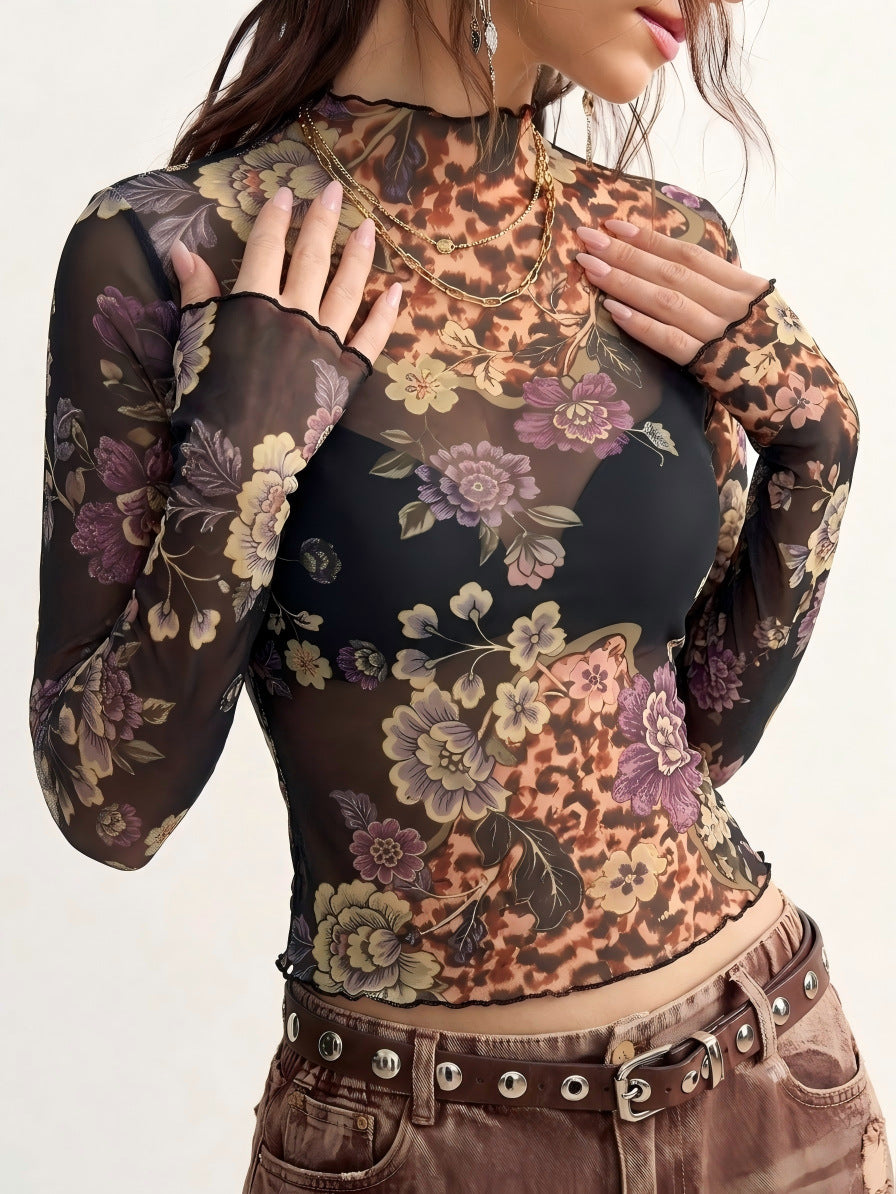 Vintage floral mesh top - slim fit long sleeve tee for women, image 4