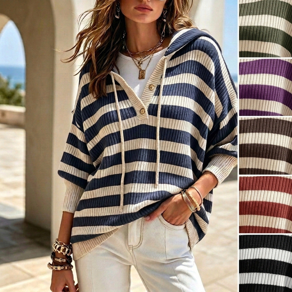 Women's Ribbed Hooded Sweatshirt - Drop Shoulder Loose Knit product image