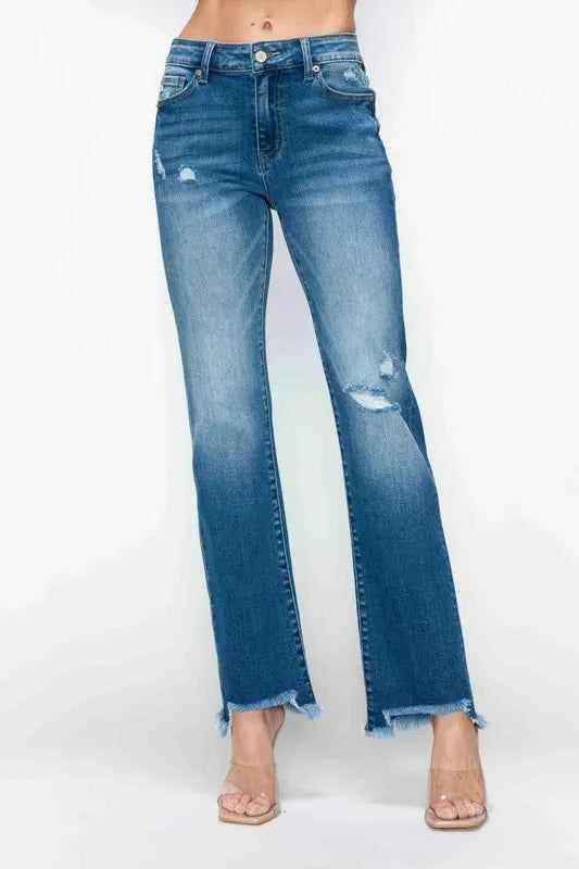 Raw hem distressed mid-rise straight jeans — additional view 4