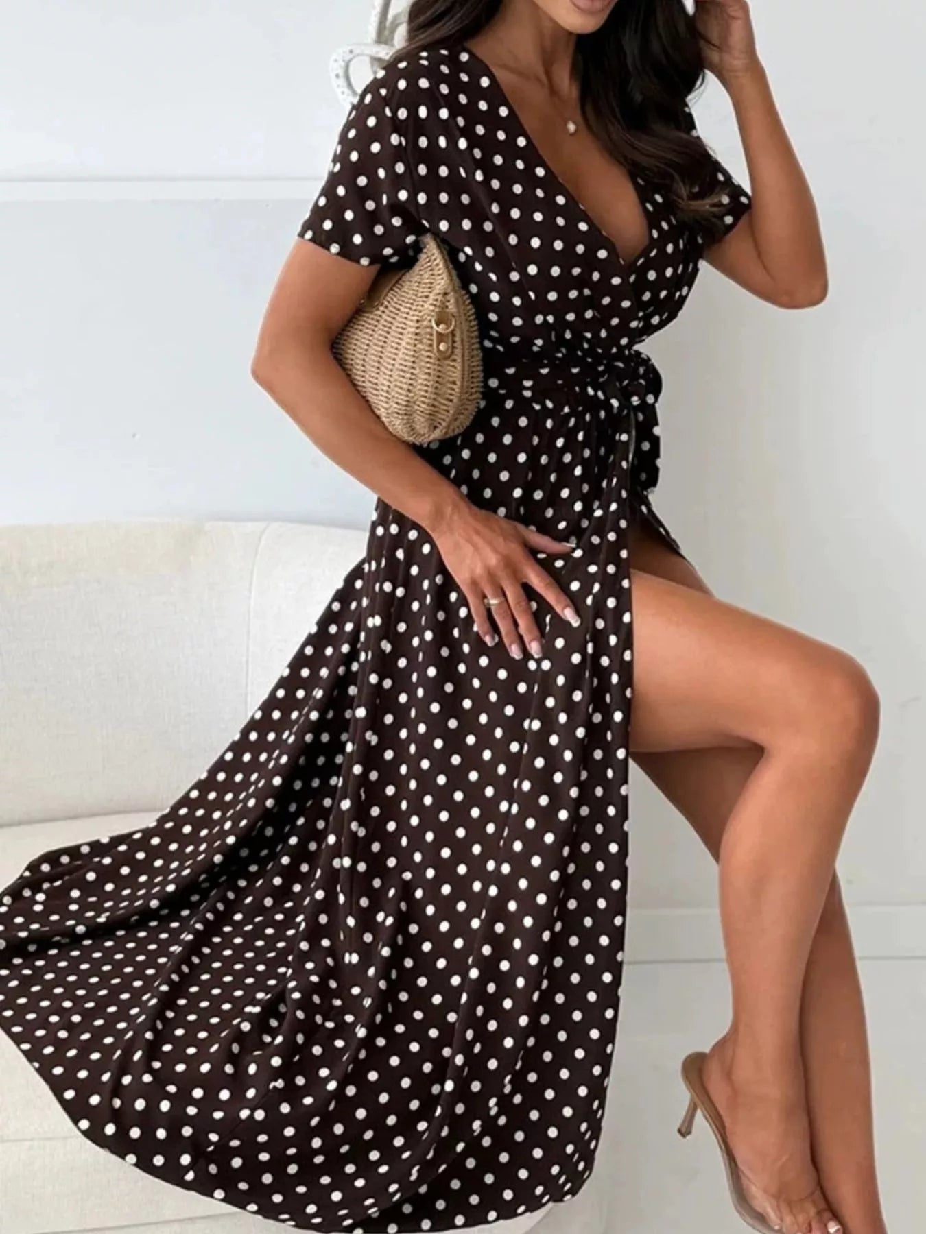Polka Dot Surplice Maxi Dress with Slit view 14