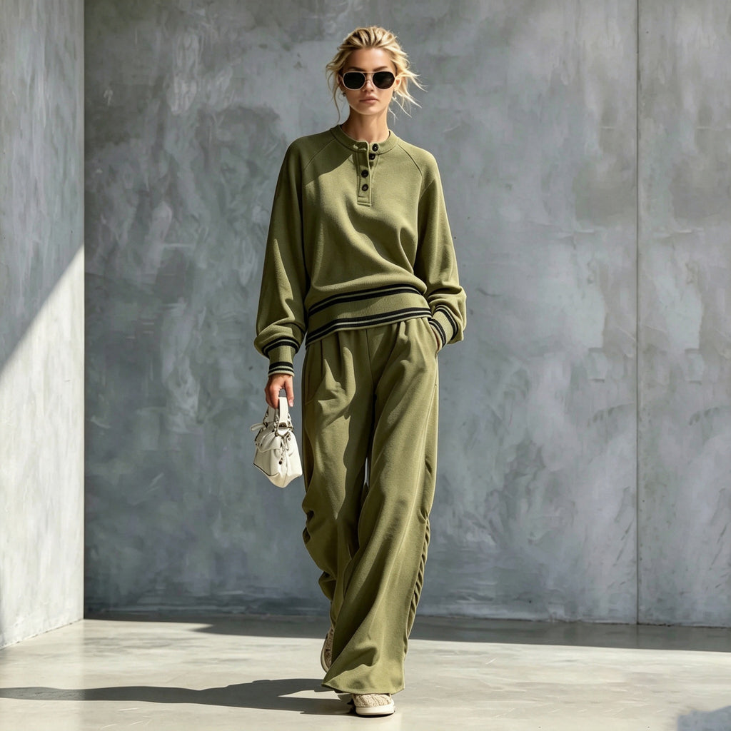 Olive green button-neck top and wide-leg pants set with striped trim, worn by a model