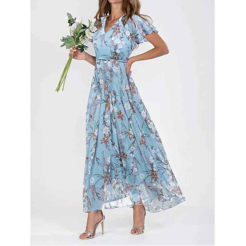 Floral Print Off-Shoulder Chiffon Maxi Dress-Dresses-Splashis-Color:Lake Blue-Size:3XL-Splashis