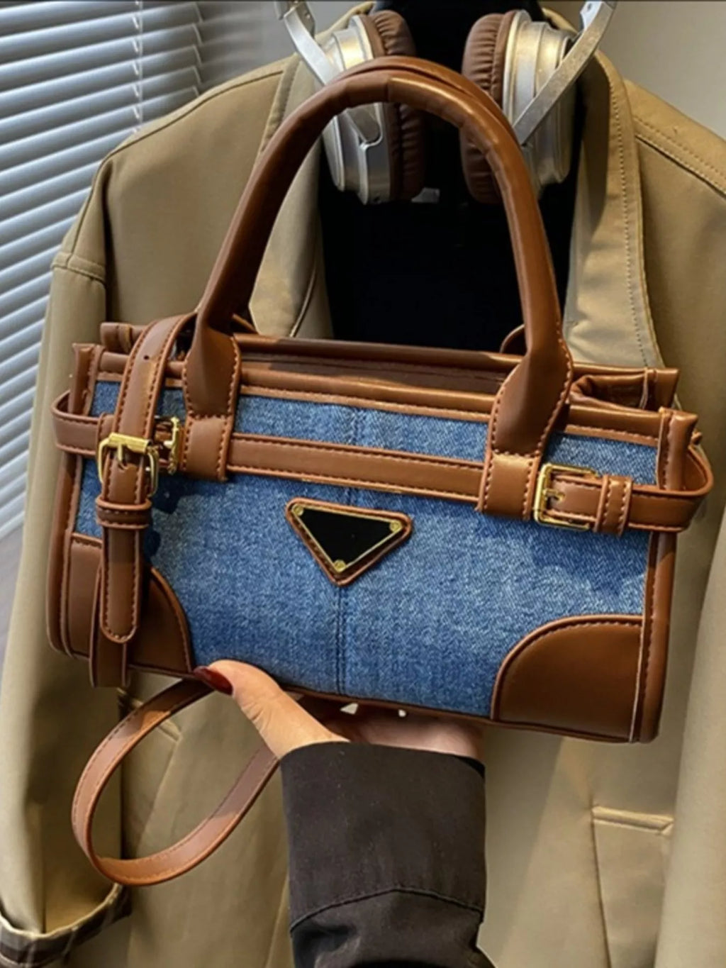 Denim patchwork crossbody bag with buckle detail — additional view 2