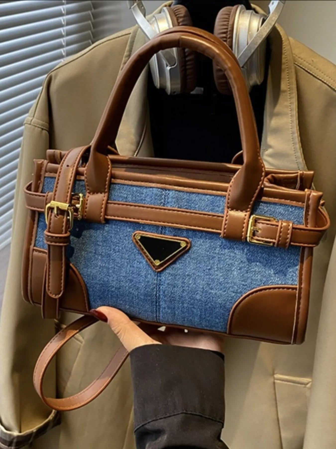 Denim patchwork crossbody bag with buckle detail — additional view 2