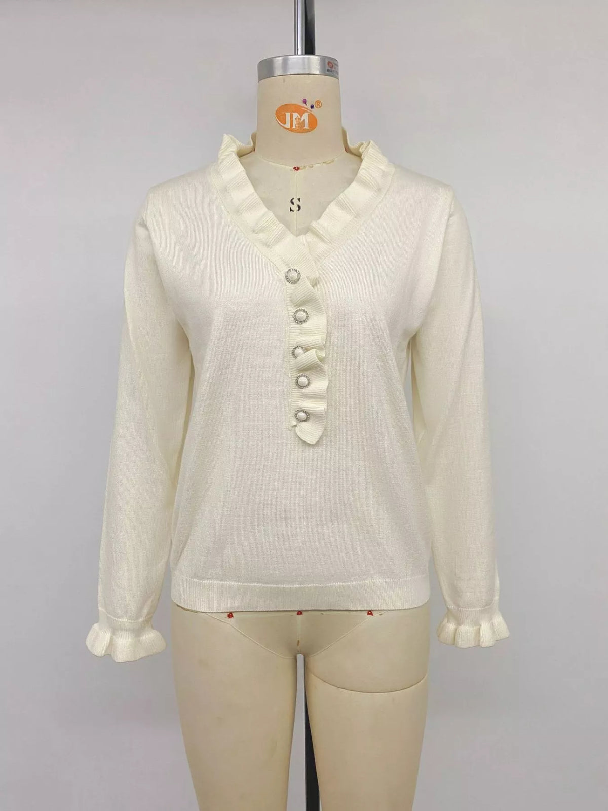 Ruffle Trim Pearl Button V-Neck Knit Top, product view 13