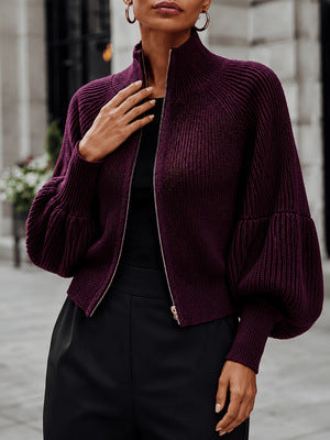 Stand collar zip-up knit cardigan for women, image 6