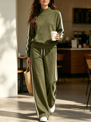 Army Green striped sweatshirt and wide leg pants set for women